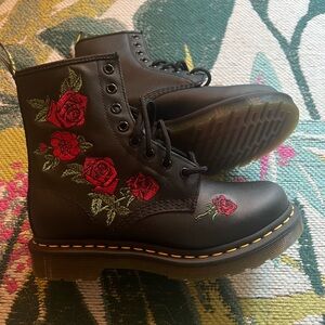 Dr. Martens Black Lace Up Boots with Red Rose Embroidery